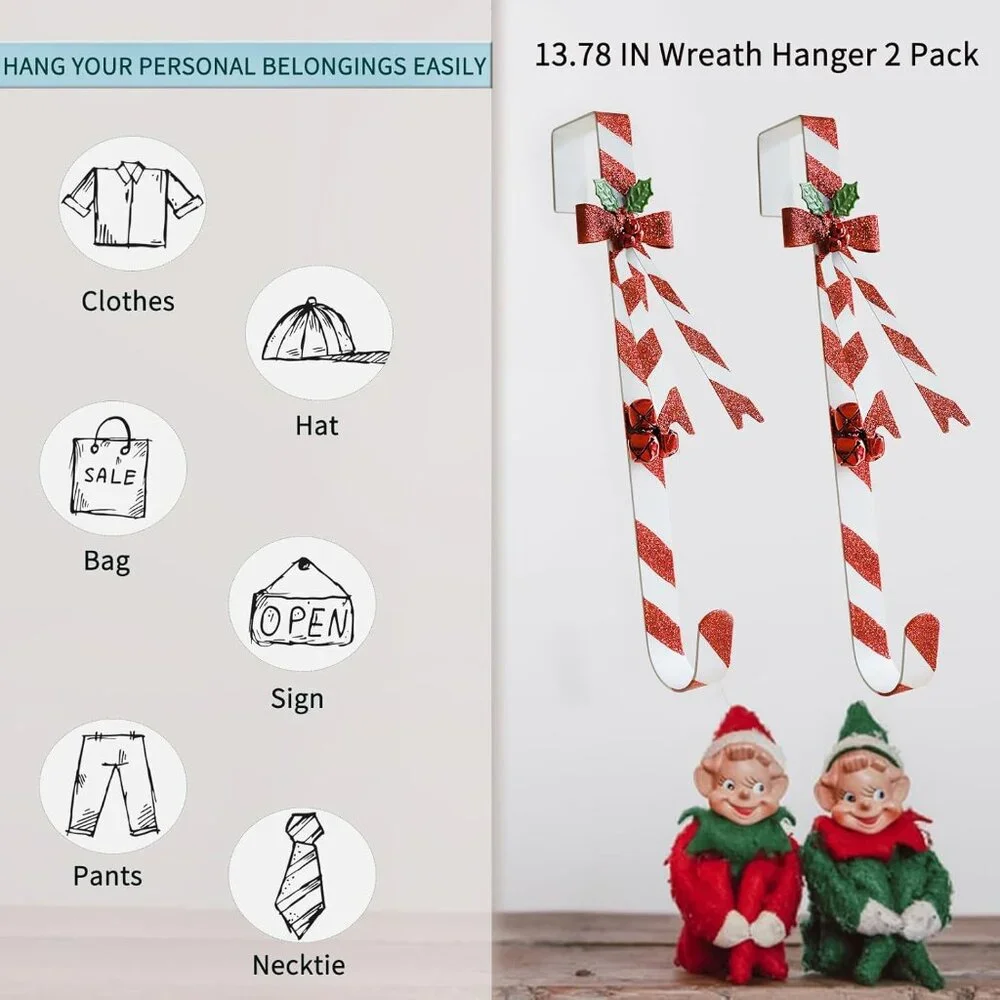 Candy Cane Wreath Hooks Set - Stylish Over The Door Wreath Hangers for Christmas